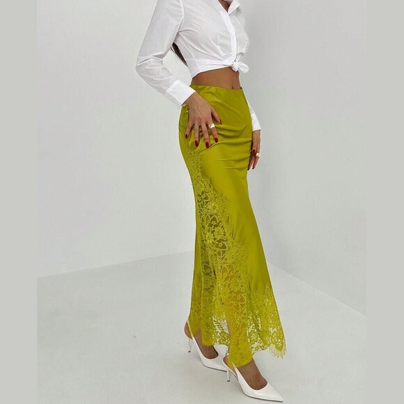 Dresses & Skirts - Chartreuse Satin Maxi Skirt with Lace Applique Hem